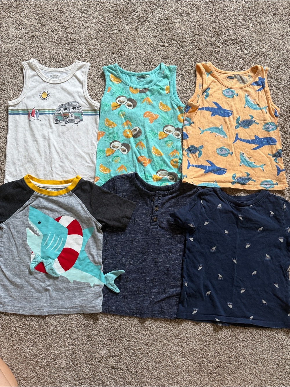 6 piece Lot of 4T Beach/Ocean Tanks and Tees - White, Aqua, Orange, Gray, Navy